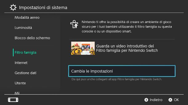 Impostazioni Nintendo Switch filtro famiglia