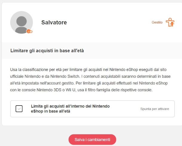 Impostazioni account Nintendo filtro famiglia