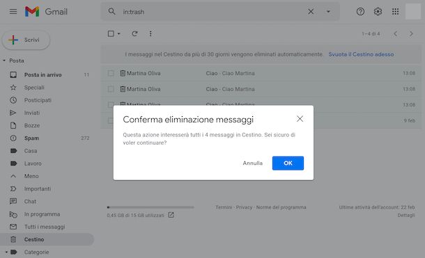 Svuotare cestino Gmail Web