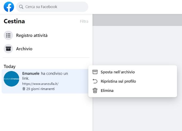 Recuperare post eliminato Facebook computer