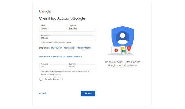 Compilare i dati richiesti per la creazione di un account Google