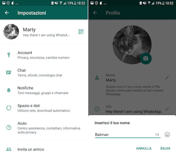 Cambio nome profilo WhatsApp Android