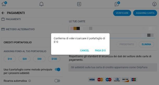 Aggiungi crediti al portafogli di OnlyFans