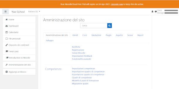 Moodle schermata amministrazione