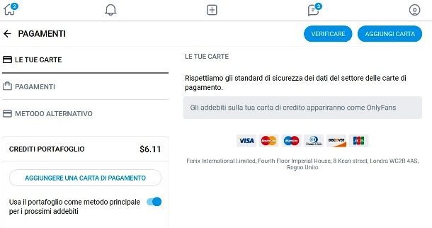 Aggiungere carte su OnlyFans