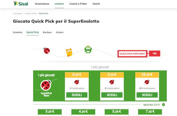 schermata superenalotto Quick Pick