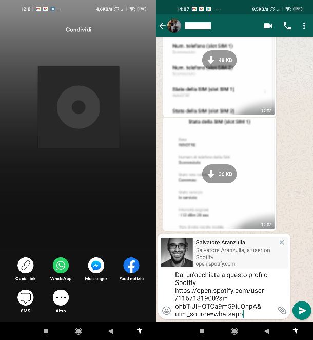 Condivisione Spotify WhatsApp