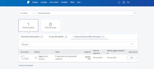 Pratiche aperte PayPal centro risoluzioni