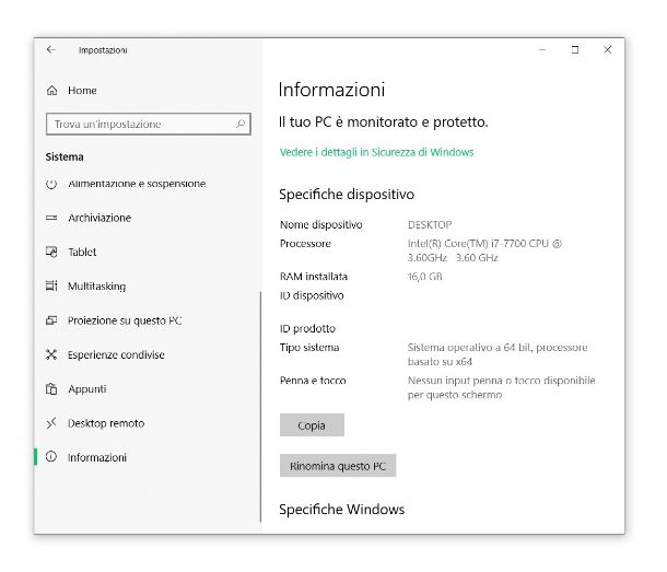 Informazioni PC Windows 10