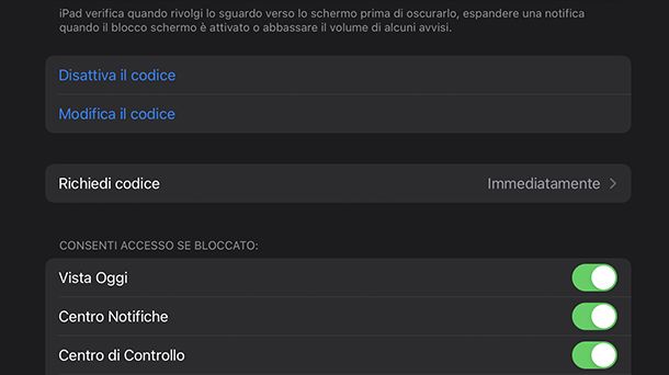 disattiva codice iPad