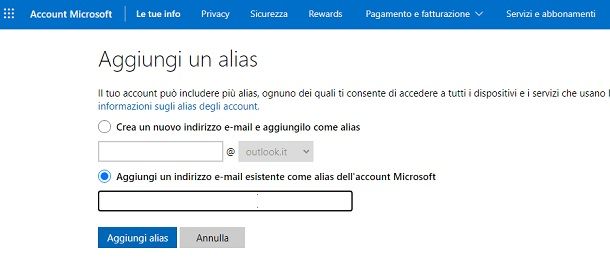 Aggiungere un alias al profilo Microsoft