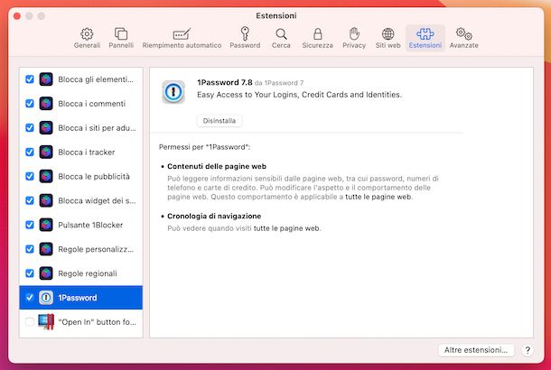 Disinstallazione estensioni Safari macOS