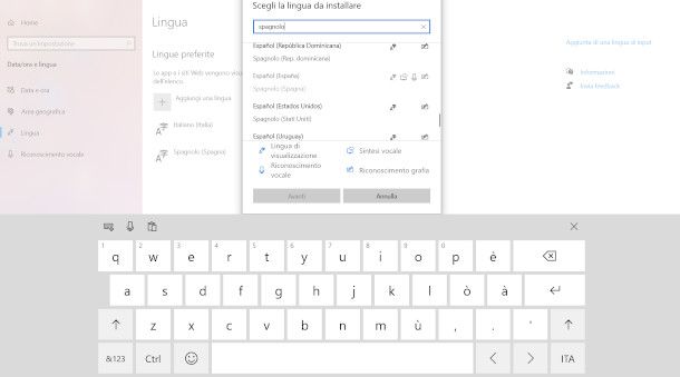 tastiera virtuale impostazione lingua