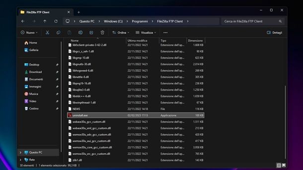 Uninstaller integrato programmi Windows 11