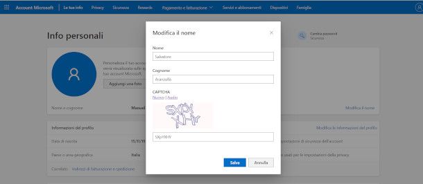 modifica nome Account Amministratore Microsoft