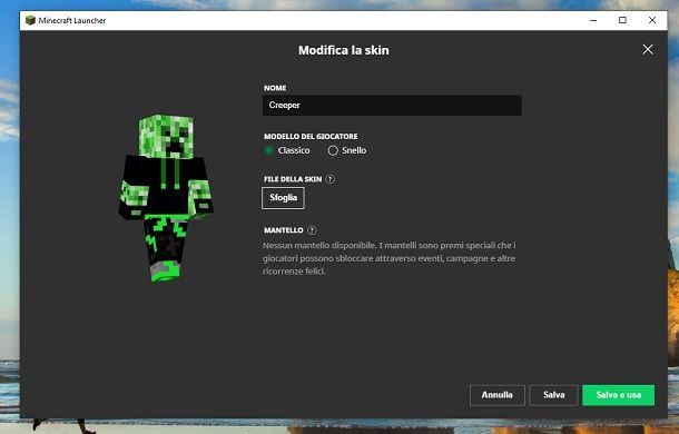 Applica skin Creeper Minecraft