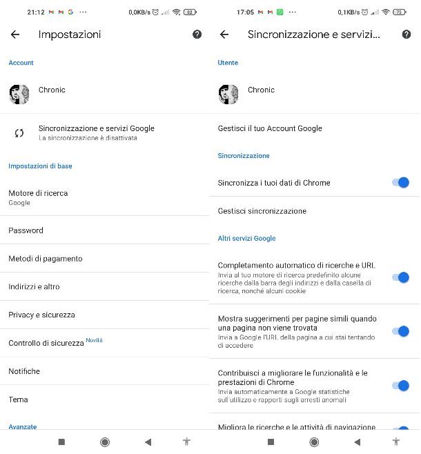 Sincronizzazione Chrome su smartphone