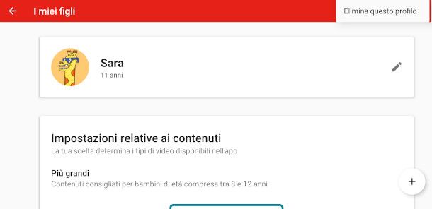 rimuovere profilo youtube kids da app