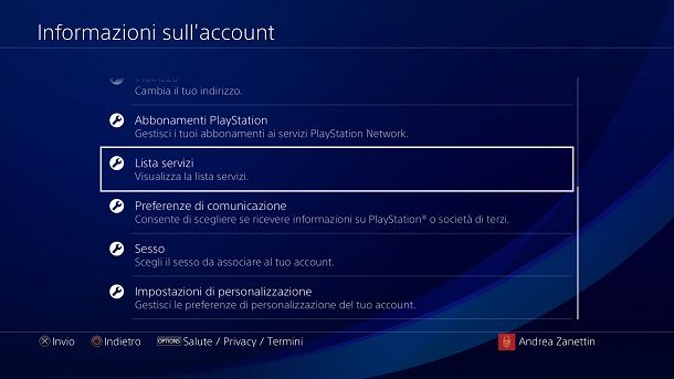 Lista servizi PS4