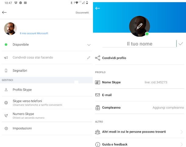 Skype modifica profilo da app