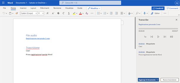 Opzione trascrivi di Word