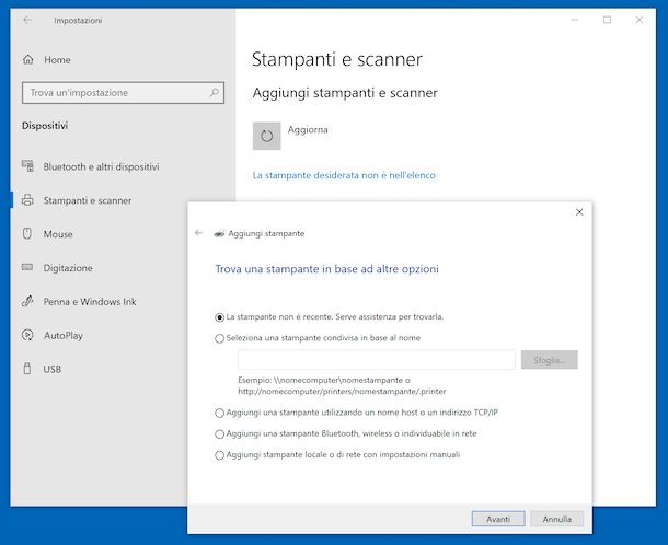 Configurazione stampante Windows 10