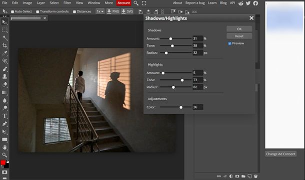 Come fare le ombre su Photoshop online con Photopea