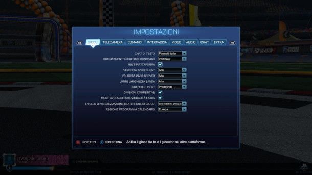 Screenshot delle opzioni di Rocket League