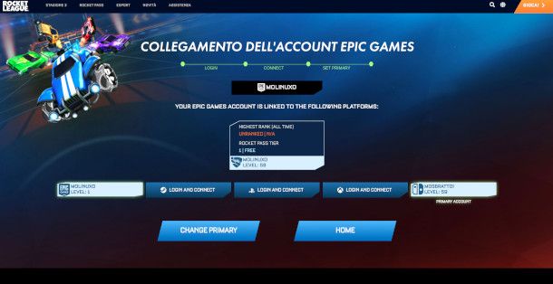 Pagina del collegamento account di Rocket League