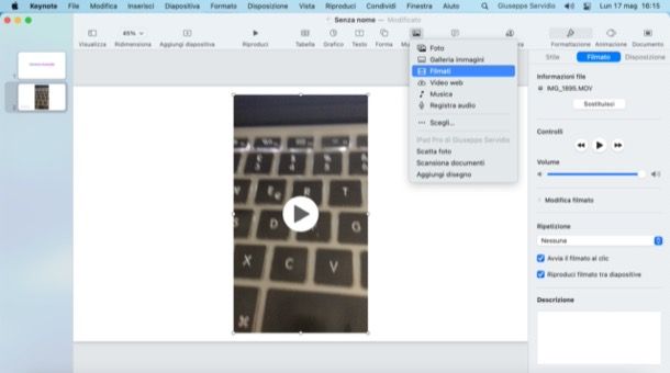 Aggiungere un video su Keynote