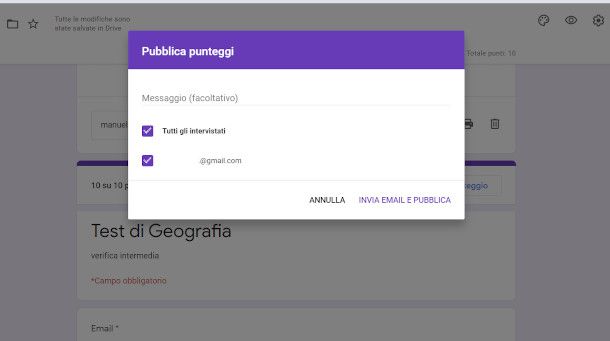 Pubblicazione risultati google Moduli