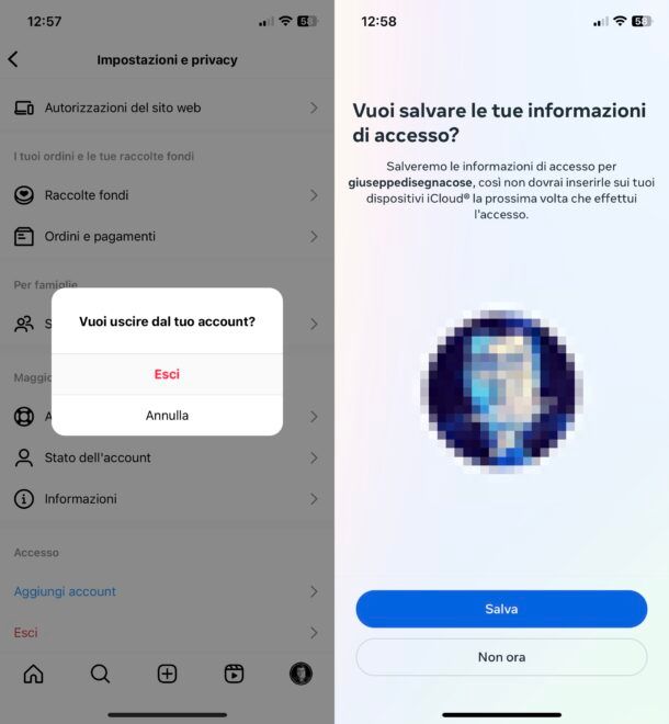 Come salvare informazioni accesso Instagram