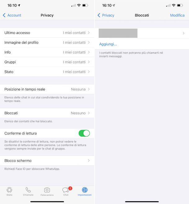 Blocco contatti WhatsApp iPhone