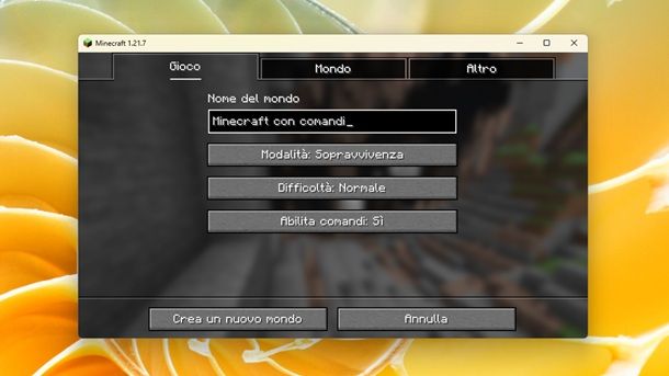 Minecraft partita con comandi attivati Java