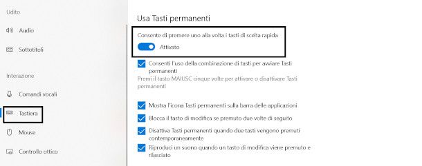 impostazioni windows 10 tasti permanenti