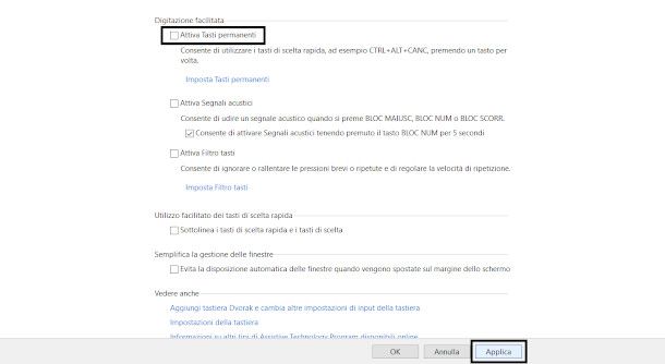 tasti permanenti pannello di controllo Windows 10