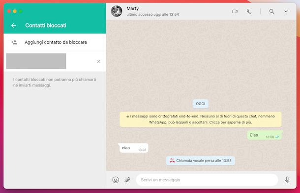 Blocco contatti WhatsApp computer