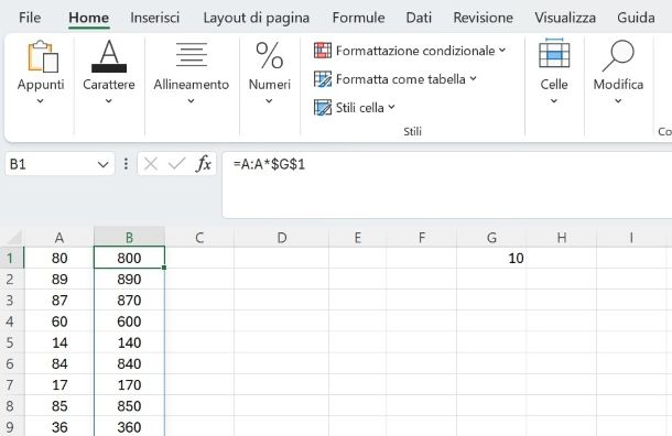 Come moltiplicare tutte le celle per una costante in Excel