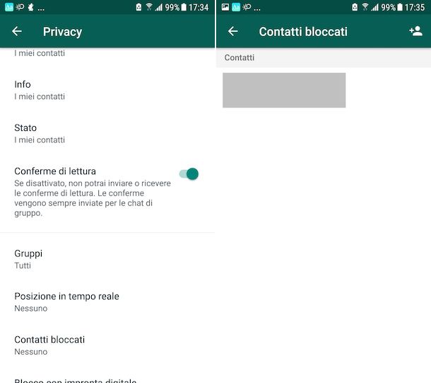 Blocco contatti WhatsApp Android