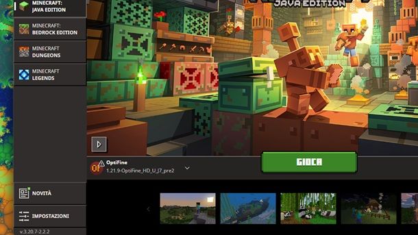 Menu OptiFine Minecraft Launcher