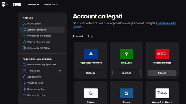 Account collegati Epic Games Store