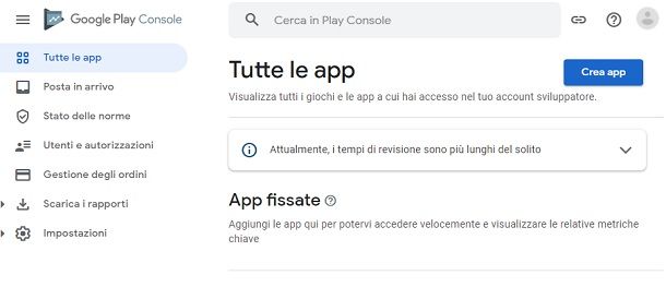 Crea app Google Play Console