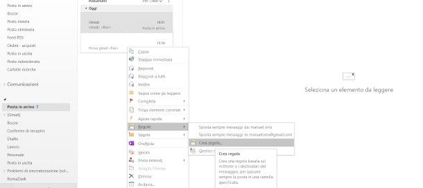 Outlook creazione regola