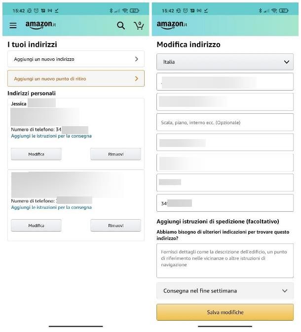 Come modificare numero di telefono su Amazon: indirizzo di spedizione
