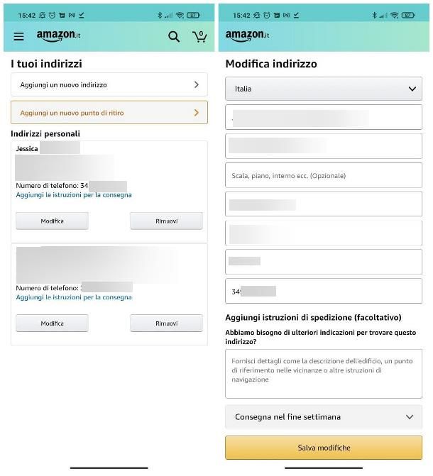 Come modificare numero di telefono su Amazon: indirizzo di spedizione