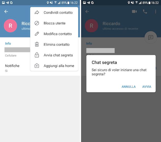 Chat segrete Telegram Android