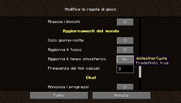 Disattivare tempo atmosferico su Minecraft