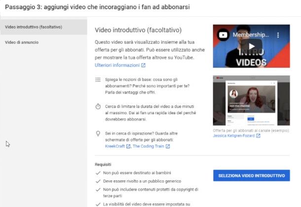 Impostazione video introduttivo su YouTube Studio