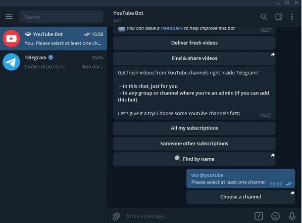 Aggiungere un bot su Telegram da computer