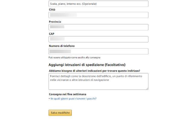 Come modificare numero di telefono su Amazon: indirizzo di spedizione